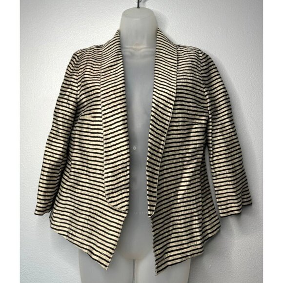 Ann Taylor Loft Striped Open Front Linen Jacket SZ 2 Career Office Collar - Picture 2 of 11